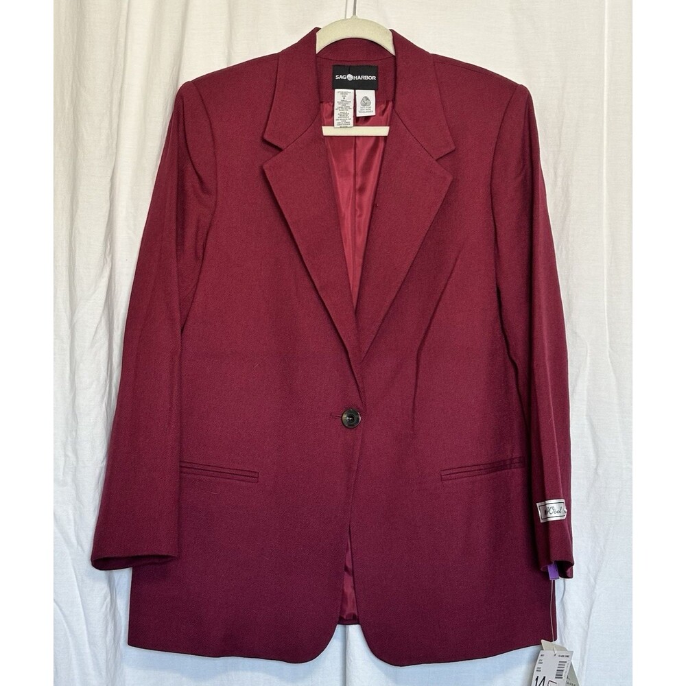 Vintage 90s Y2K Sag Harbor NWT Wool Blazer Womens Sz 14 Maroon Preppy Academia